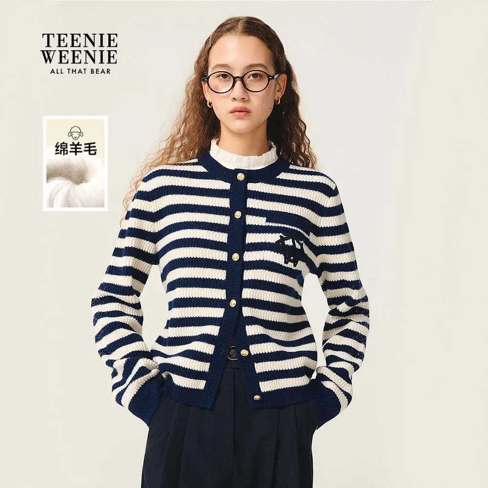 *TeenieWeenie小熊女装毛针织衫25秋新假两件条纹开衫TTCK254903W