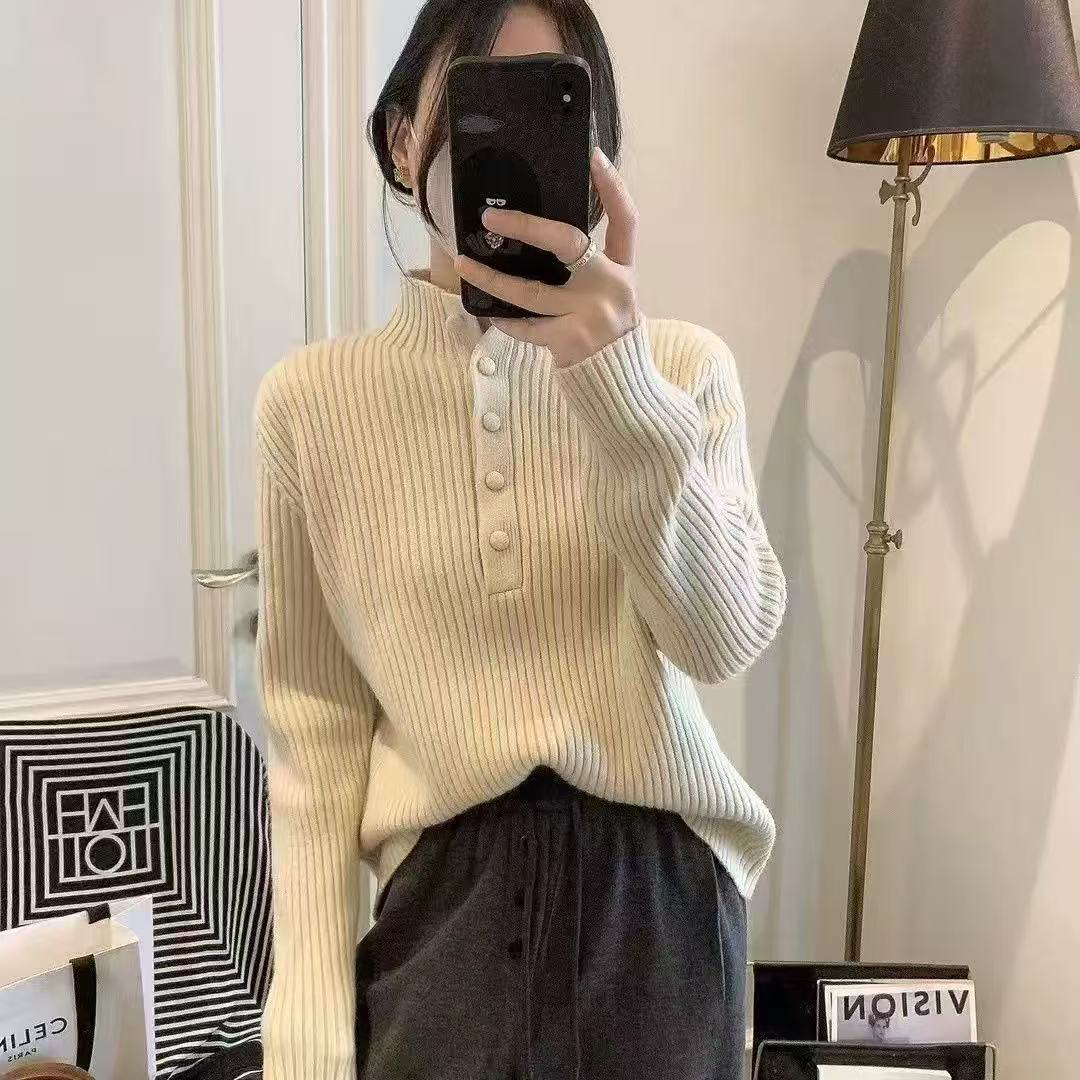 秋冬百搭高领针织毛衣女宽松长袖上衣