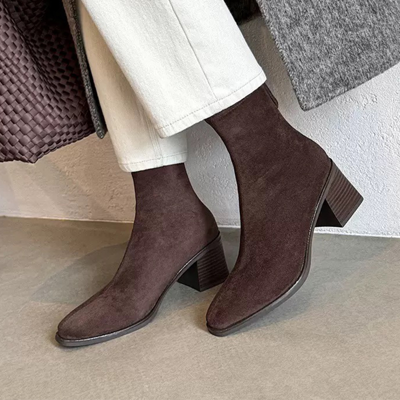 【2025新款】秋冬法式方头加绒短靴中跟裸靴粗跟绒面靴子2092