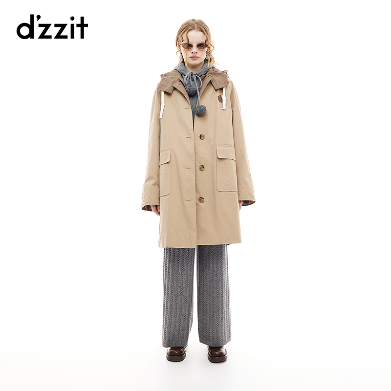 【商场同款新品】dzzit地素连帽棉服25秋风衣中长外套女3J3H4669J