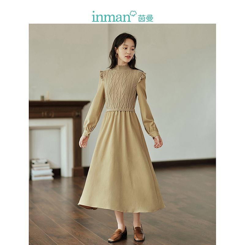茵曼冬季女连衣裙裙子气质新款针织休闲短袖长时尚百搭高领爆款