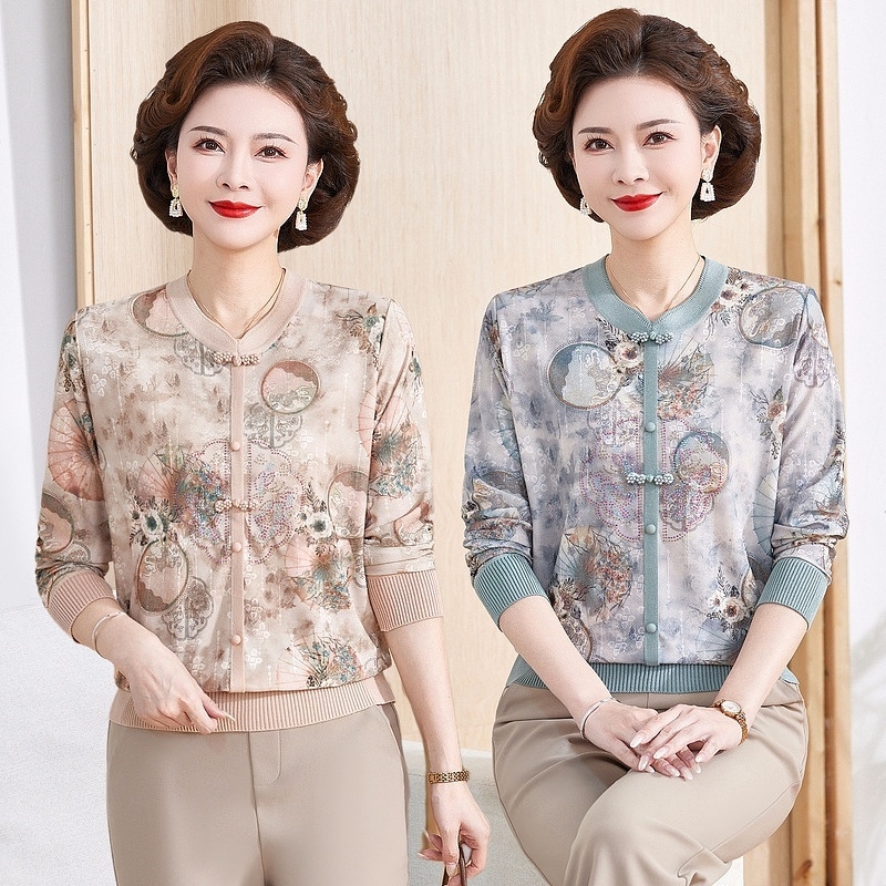 2025妈妈装春秋毛衣新中式针织衫中老年女装长袖T恤打底衫上衣