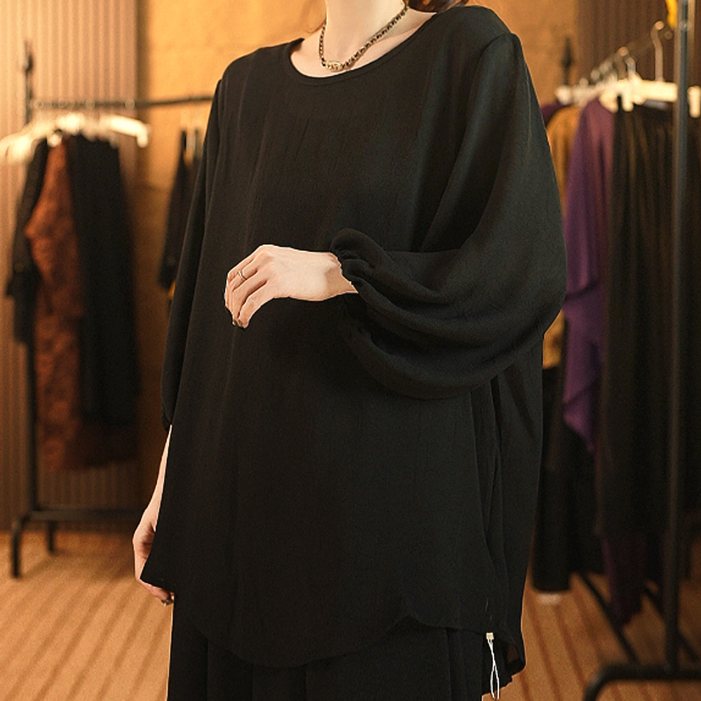 【白雪.荐选】桑蚕丝黑绑带上衣打底衫宽松百搭衬衫上衣K136