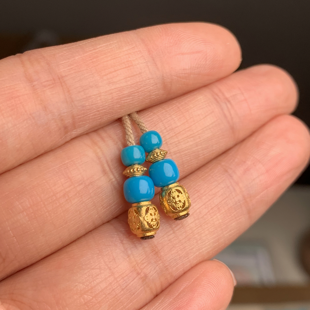 湖北原矿高瓷玉化绿松石18K金镶嵌弟子珠套装高级百搭9.3