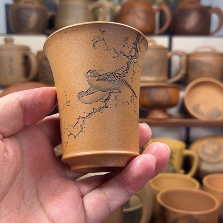 紫砂杯子无锦盒小鸟刻绘紫砂主人杯