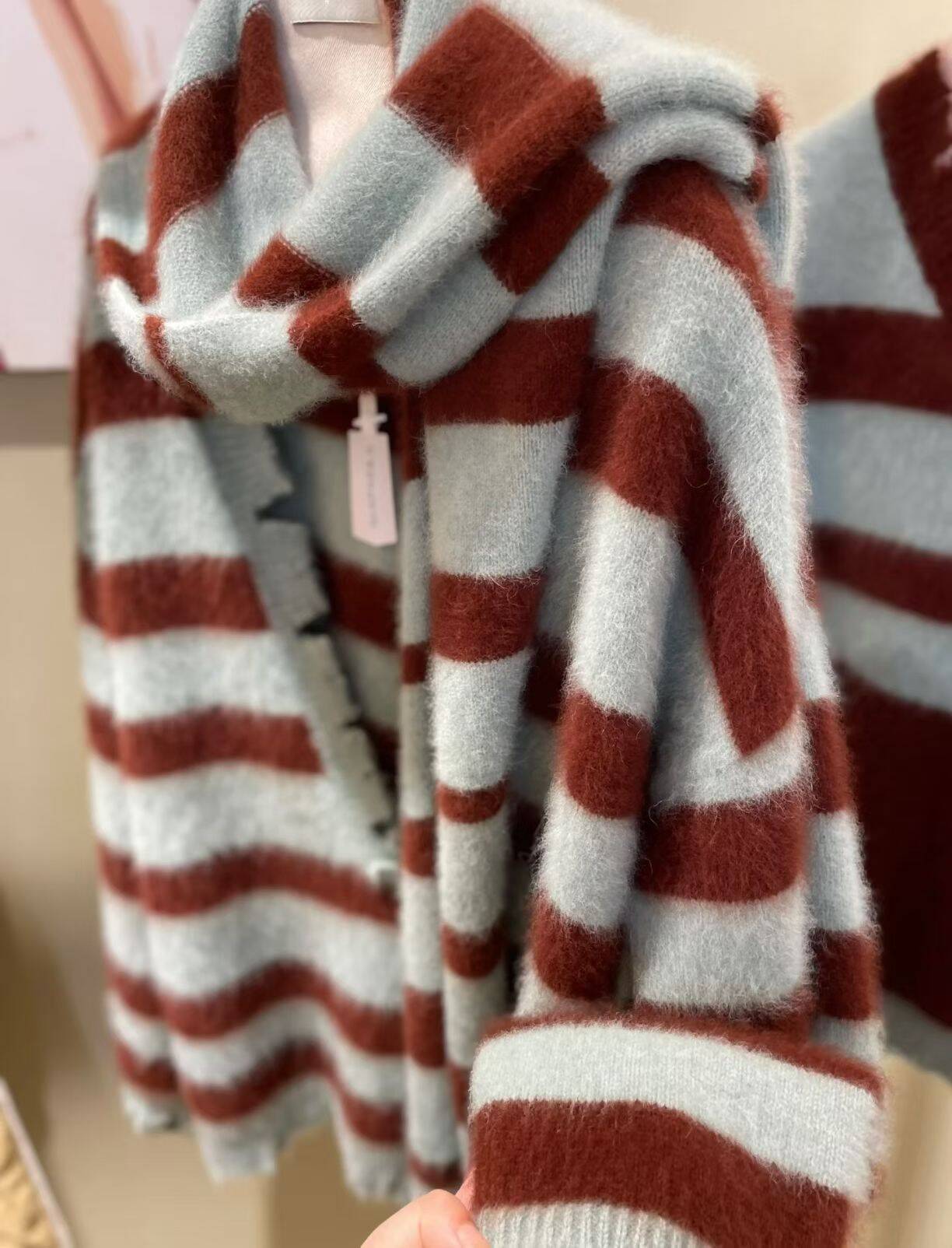 叁叁THREE'S集合店NIAPARKA 特殊动物毛竹青色v领条纹毛衣