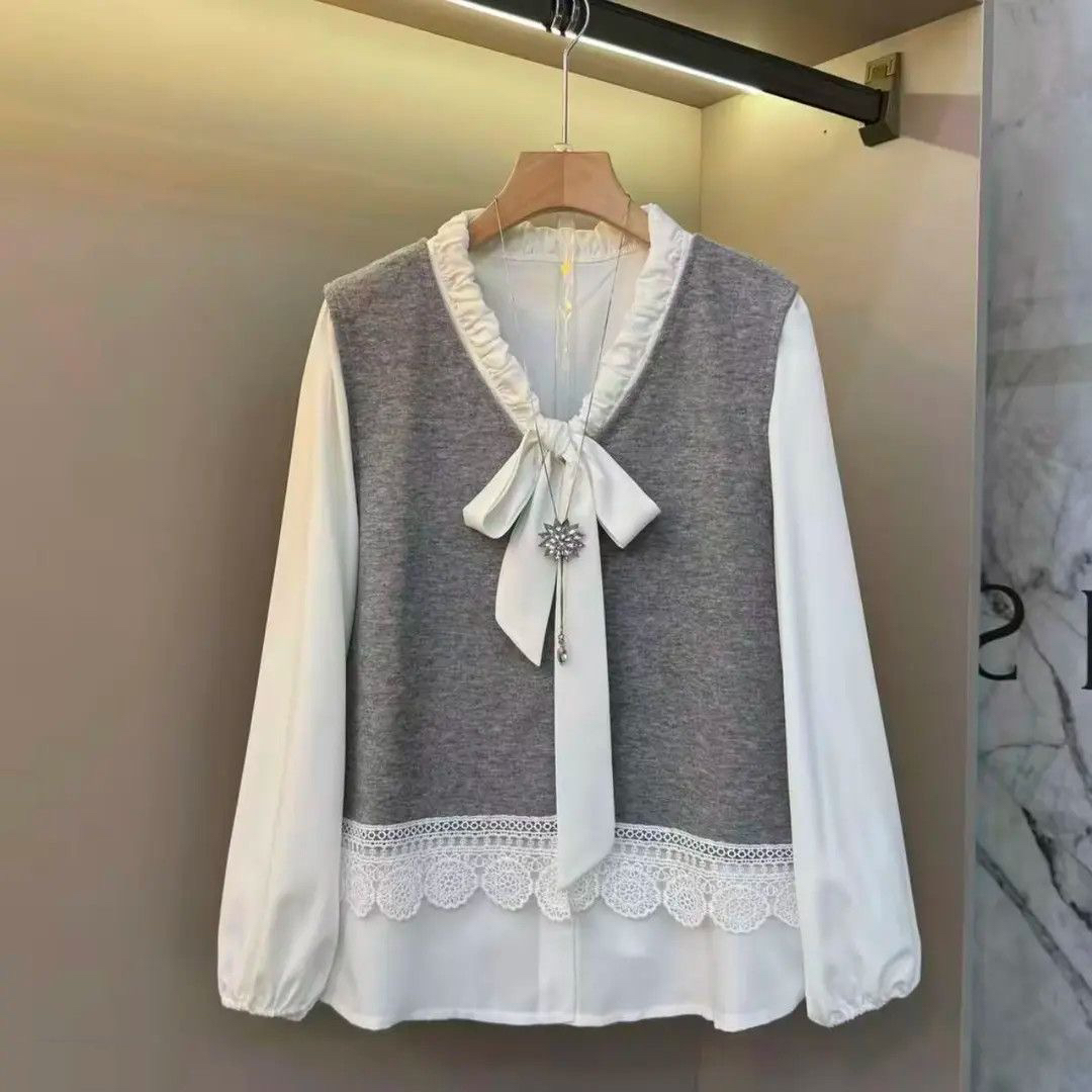新款系带蝴蝶结百搭显瘦衬衫与蕾丝花边马甲搭配套装