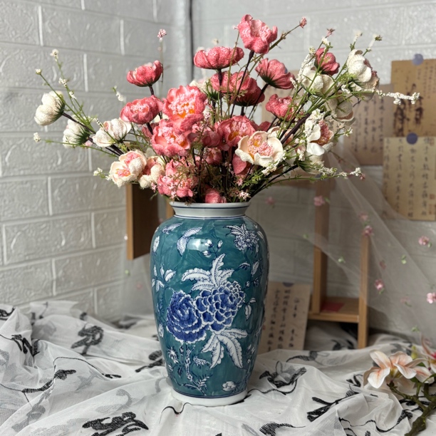 湖蓝色花瓶可水培插花摆件玄关博古架装饰新中式青花瓷装饰花瓶