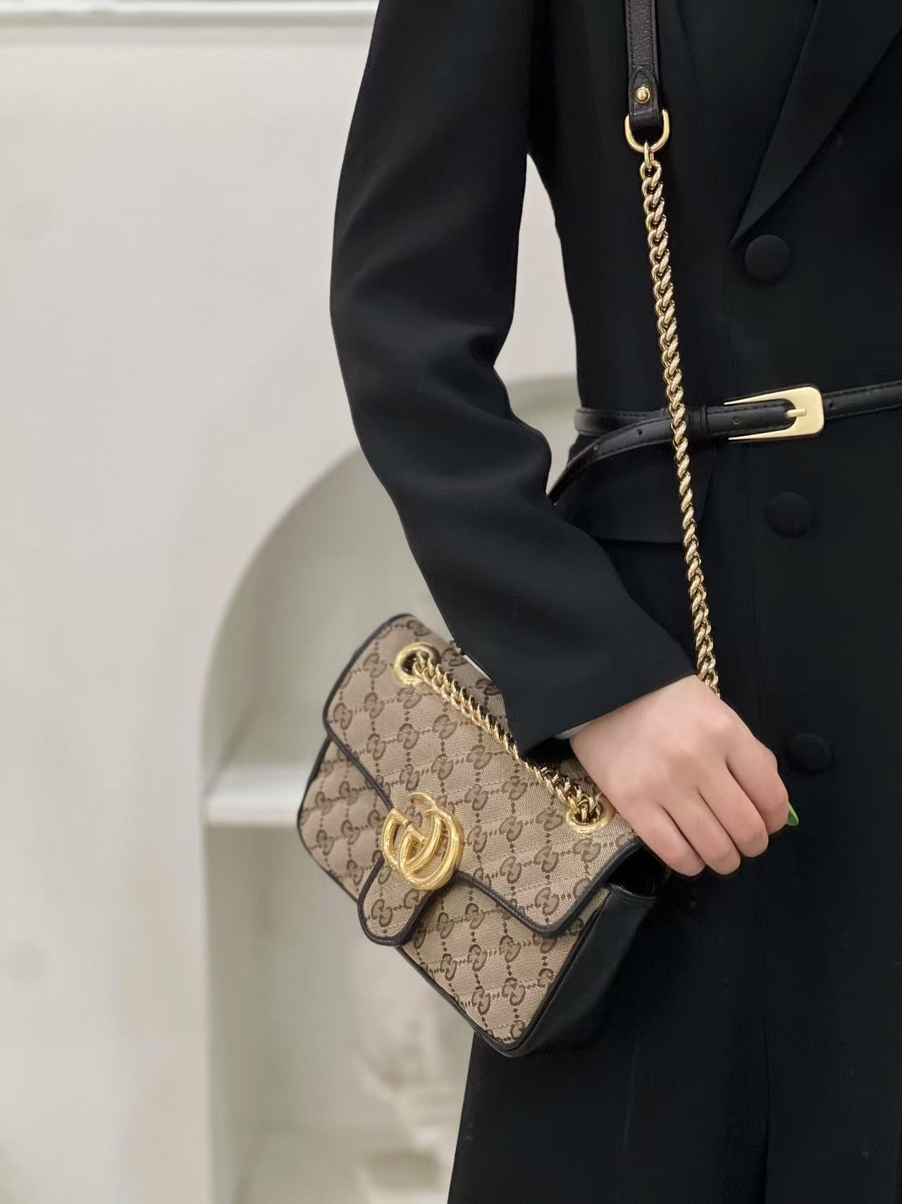 95新 GUCCI/古驰 gucci marmont22帆布拼黑色/公价无/甄选