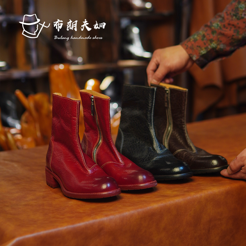 布朗手工牛皮平底马丁靴女秋冬单靴圆头粗跟中跟短靴复古骑士靴女