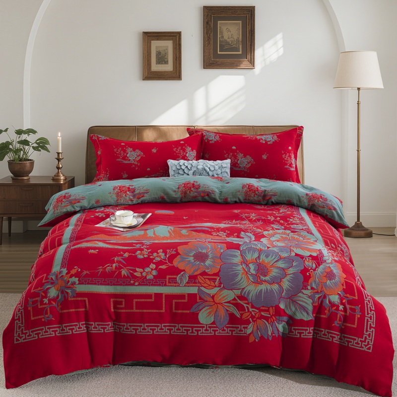 无品牌【西厢记-正红】大版全棉高档双层纱被套四件套双面加厚床单