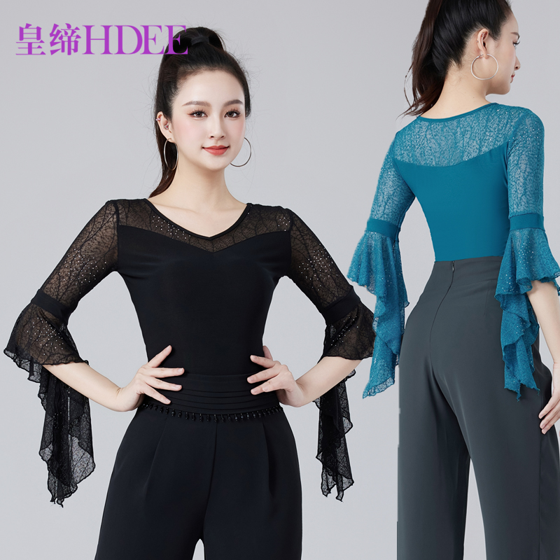 皇缔 女士拉丁舞练功服国标摩登舞连体网纱拼接中袖上衣广场舞服