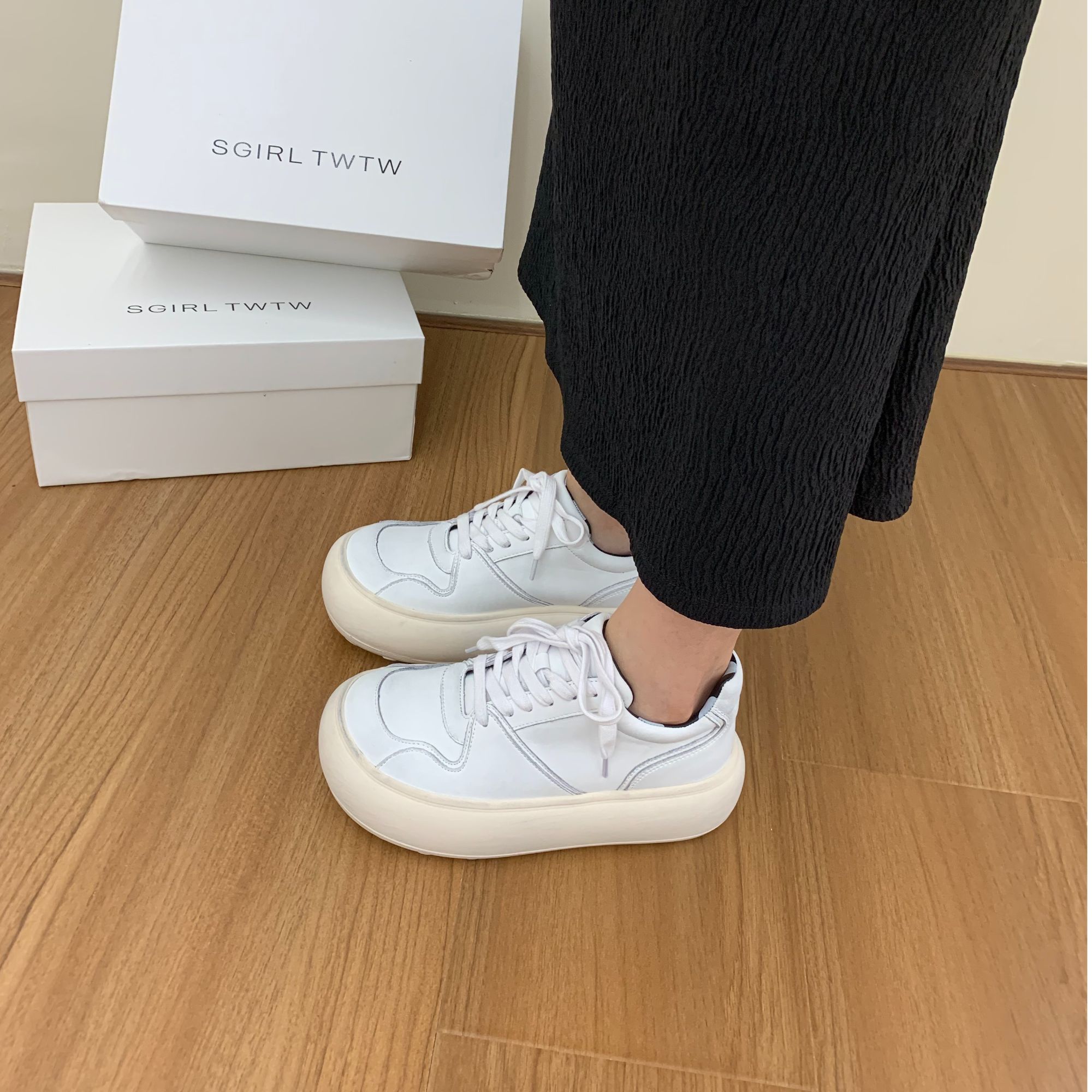 SGIRL TWTW圆头厚底做旧小白鞋女2025百搭休闲脏脏鞋板鞋潮Y666-5