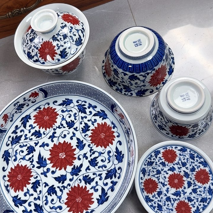 瓷片釉里红缠枝莲5件套景德镇