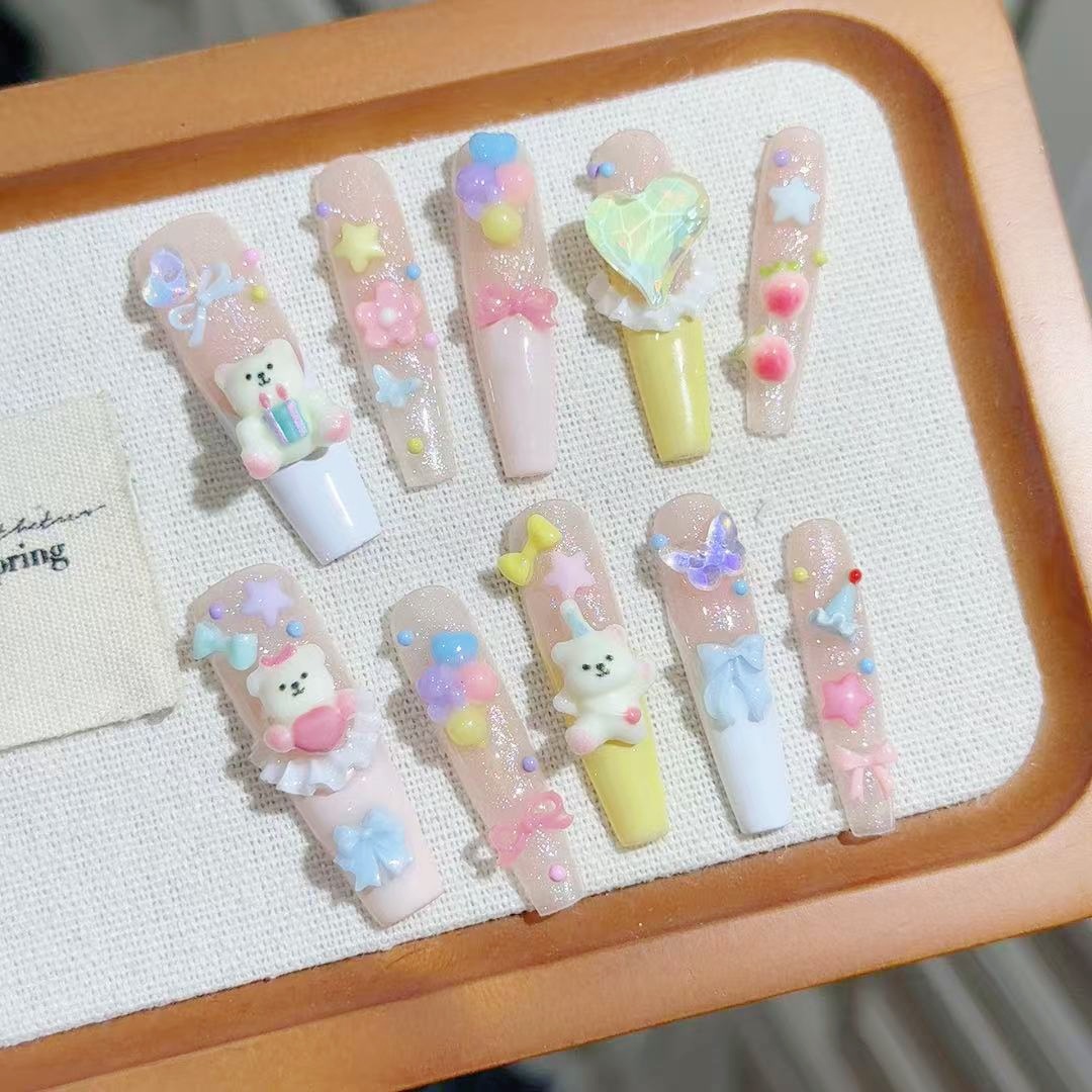 『小熊生日会』卡通可爱腮红马卡龙可爱手工穿戴甲美甲纯手工