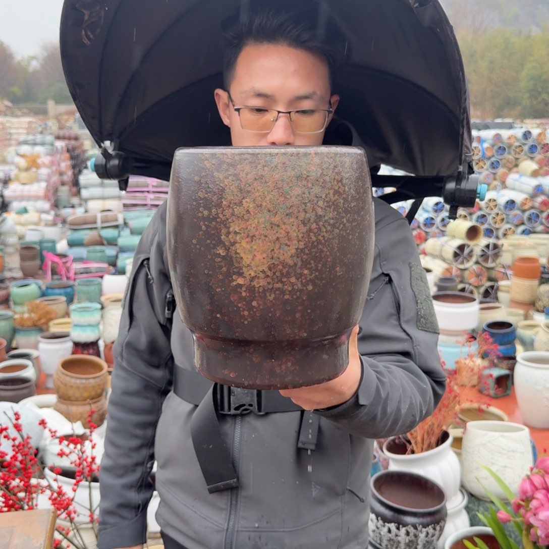 紫砂花盆口18高23（一个武蛋壳黑色大号泼墨