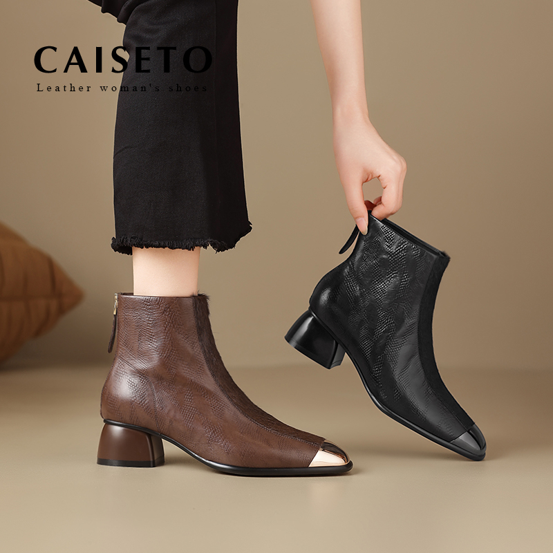 头层羊皮/4cm 新款时尚百搭中跟方头真皮女靴软皮舒适粗跟鞋5X399