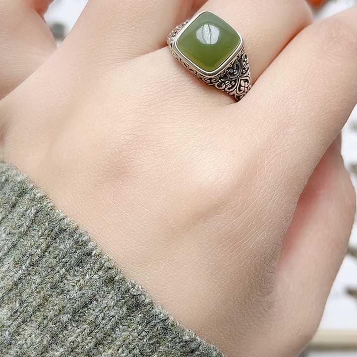 和田玉戒指银S925镶嵌天然