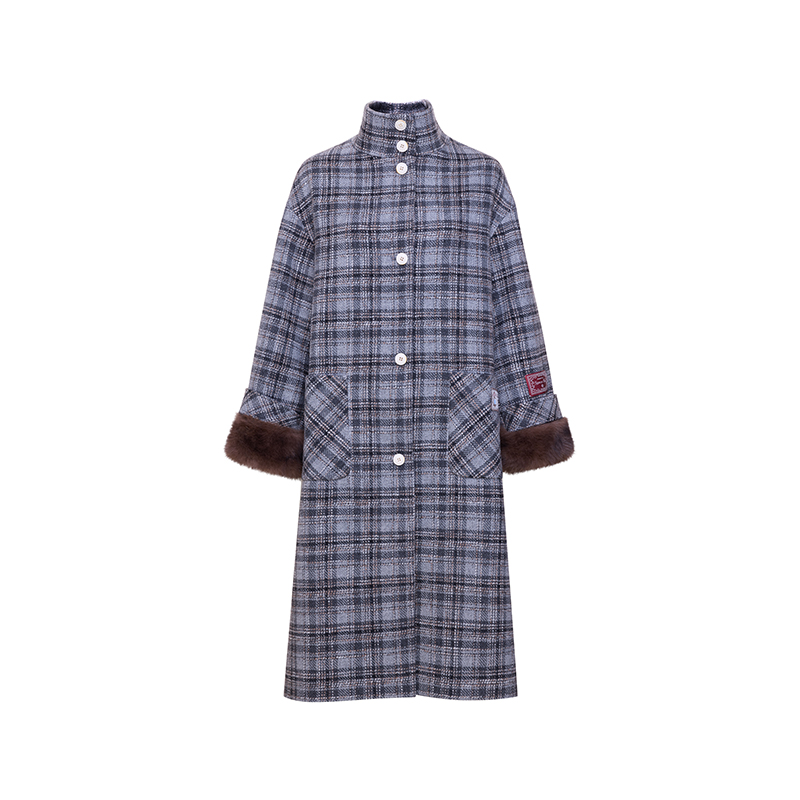 tracychu灰色格纹可拆卸毛袖口大衣气质百搭洋气长款气质冬季新款