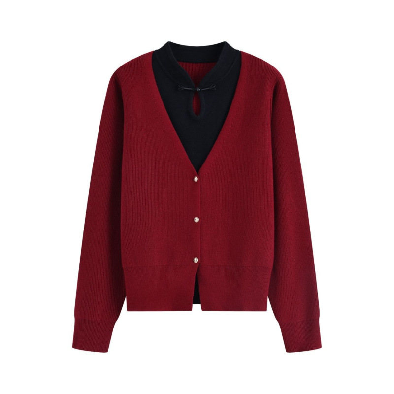 羊毛呢红色针织衫女新中式盘扣立领上衣 H 0545