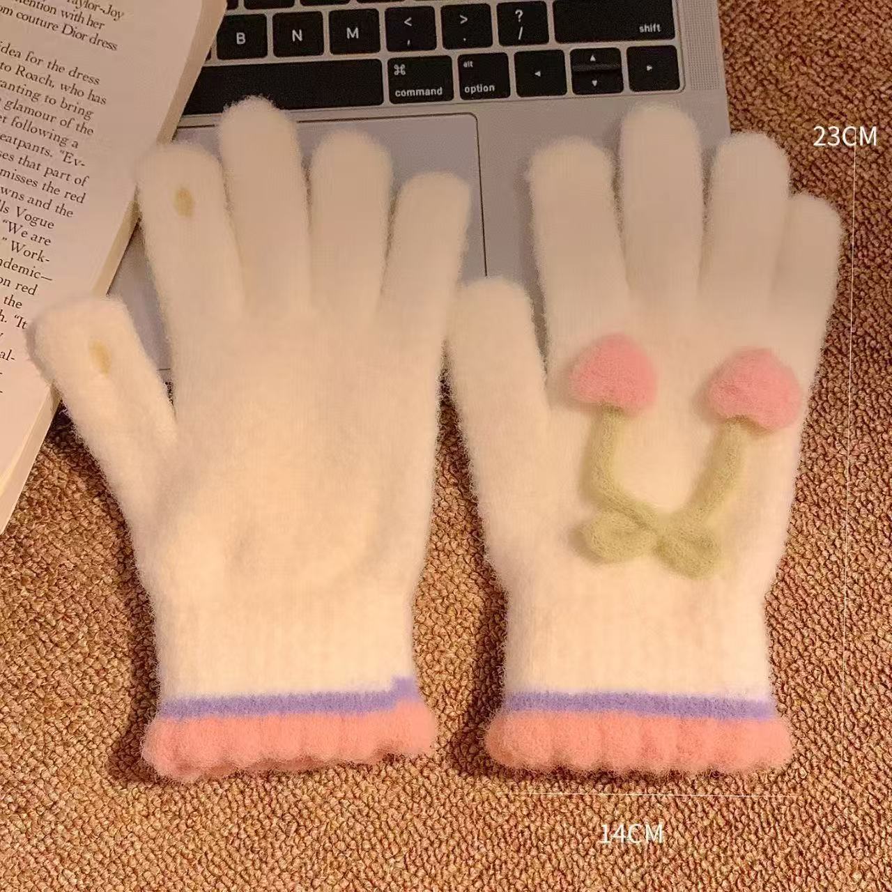 可爱小樱桃毛绒针织五指手套女冬季保暖骑行车御寒防冻露指可触屏