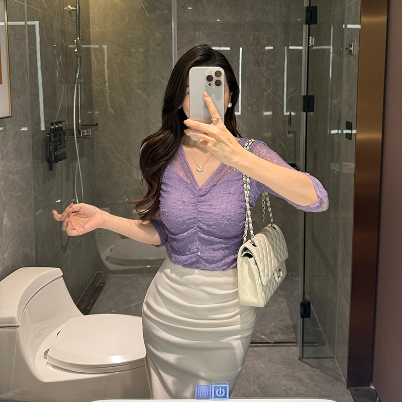 【紫色梦境】新款网纱修身上衣女显瘦气质温柔女装夏季薄款百搭T恤
