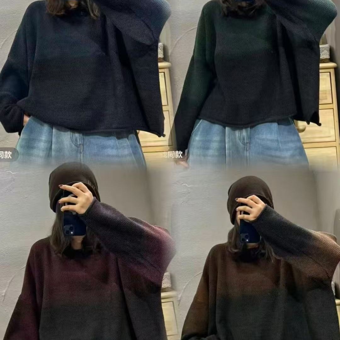 炒色渐变圆领复古针织衫