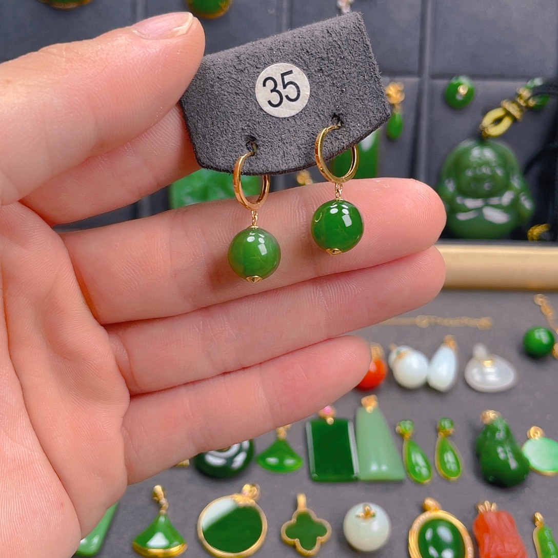 和田玉（碧玉）18K金镶嵌耳饰35