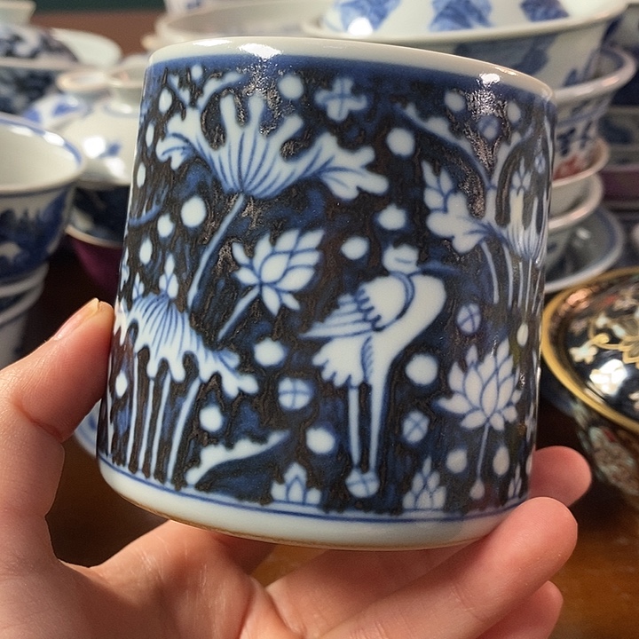 旁***白手工手绘青花单杯