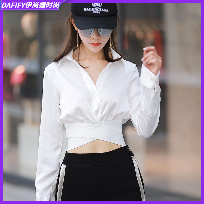 II2025上衣女时尚露脐打底衫女长袖衬衣女交叉弹力带高腰短款衬l
