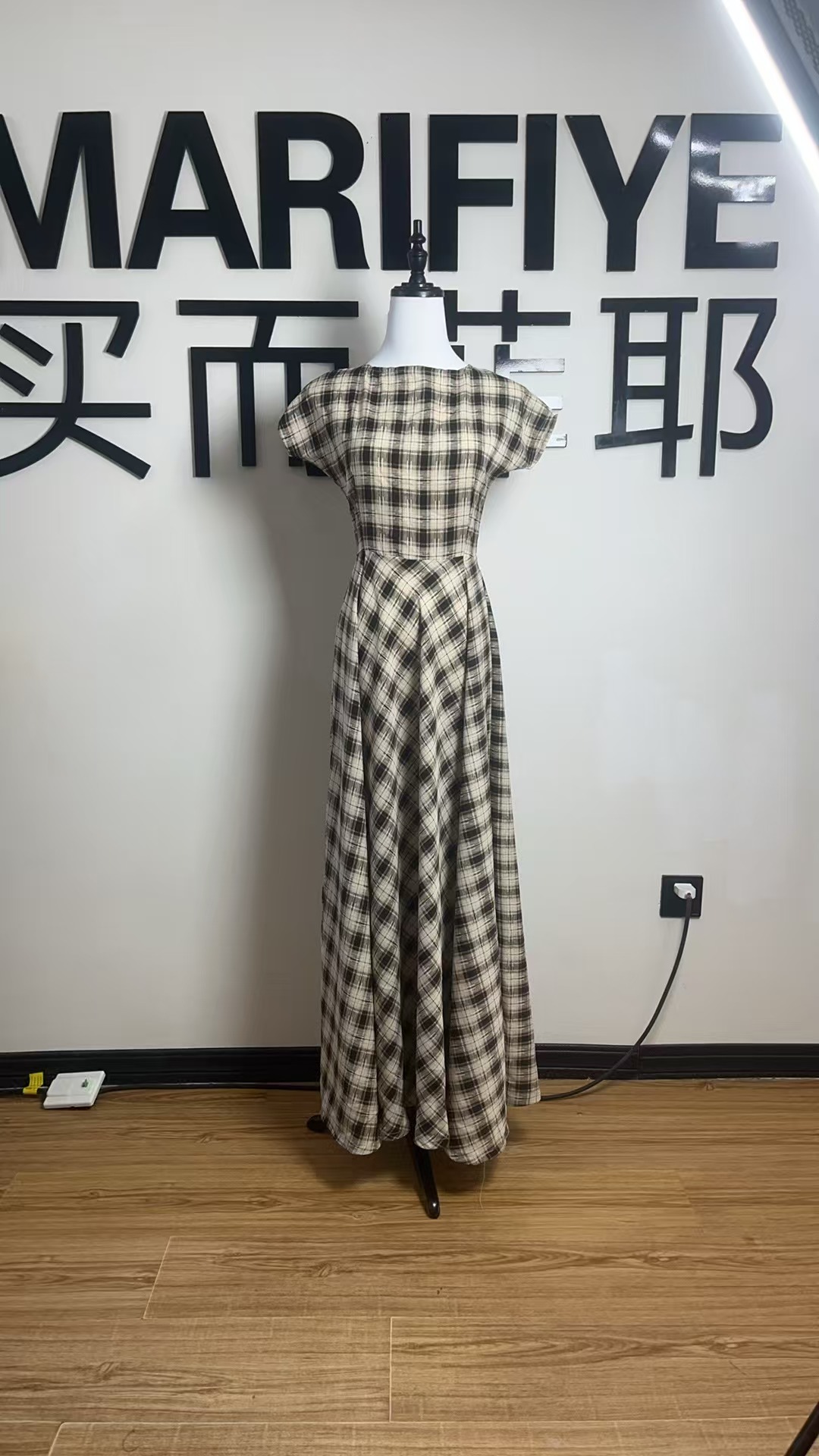 格子高腰夏季圆领方领拉链连衣裙收腰显瘦athflow风