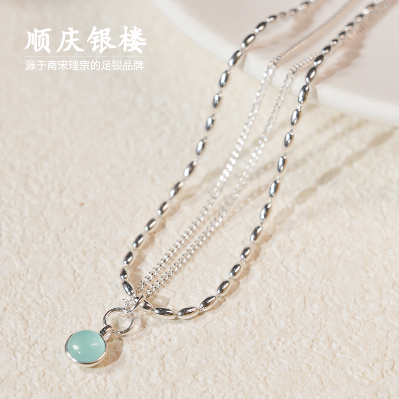 坠链均925银 顺庆银楼【天青雨项链】小米珠双层项链简约百搭锁骨链