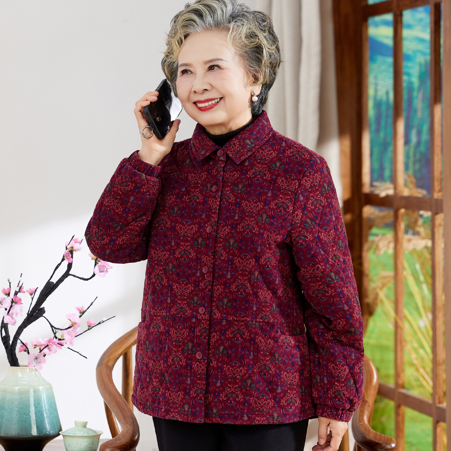 老年人妈妈秋冬纯棉薄款棉服上衣奶奶装加绒小棉袄开衫老太太衣服