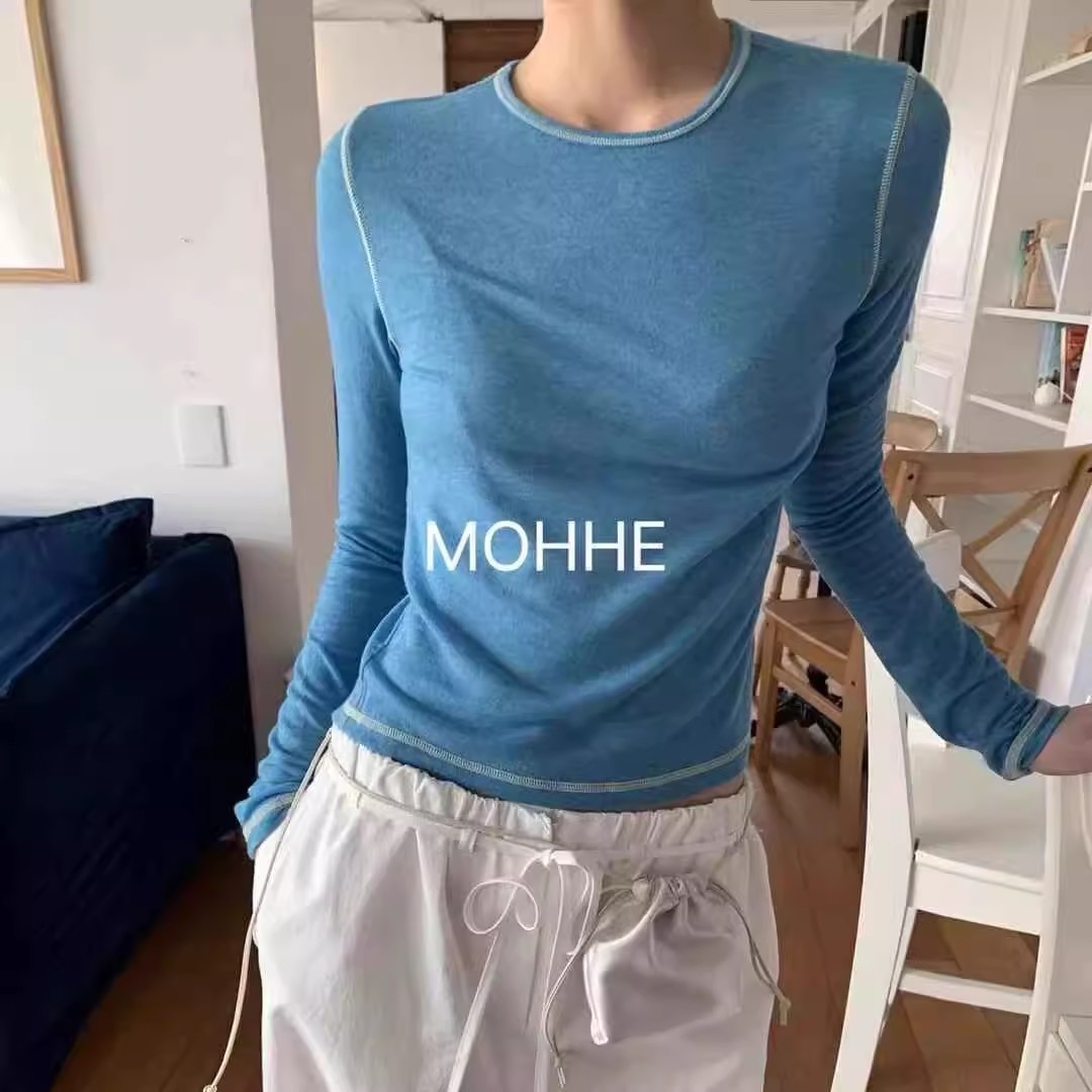 现货~mohhe2025  净色圆领明线时尚打底长袖T恤