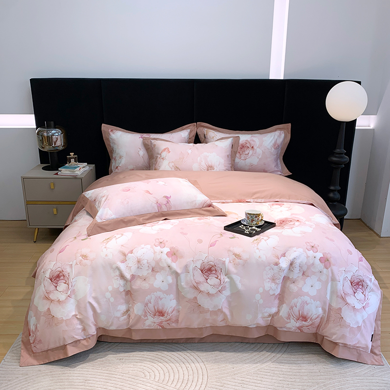 【晴美】高支高密长绒棉数码印花四件套-米亚花园粉