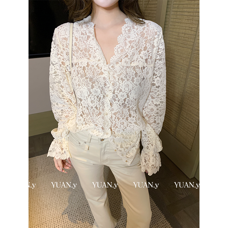媛媛【智系御姐】新款小衫蕾丝打底衫女长袖纱衣T恤网纱上衣#D1089