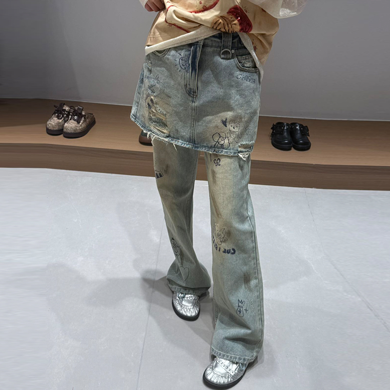 FORDARE/福蝶25早秋趣味圆珠笔涂鸦牛仔裙裤