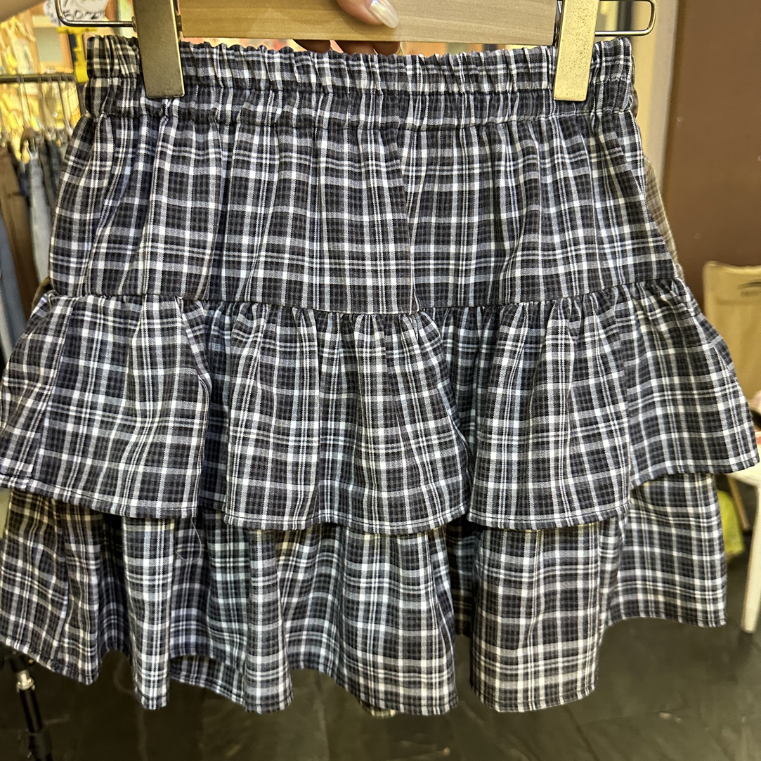 格子蓬蓬蛋糕裙A字复古荷叶边短裙春夏小个子高腰显瘦遮肉