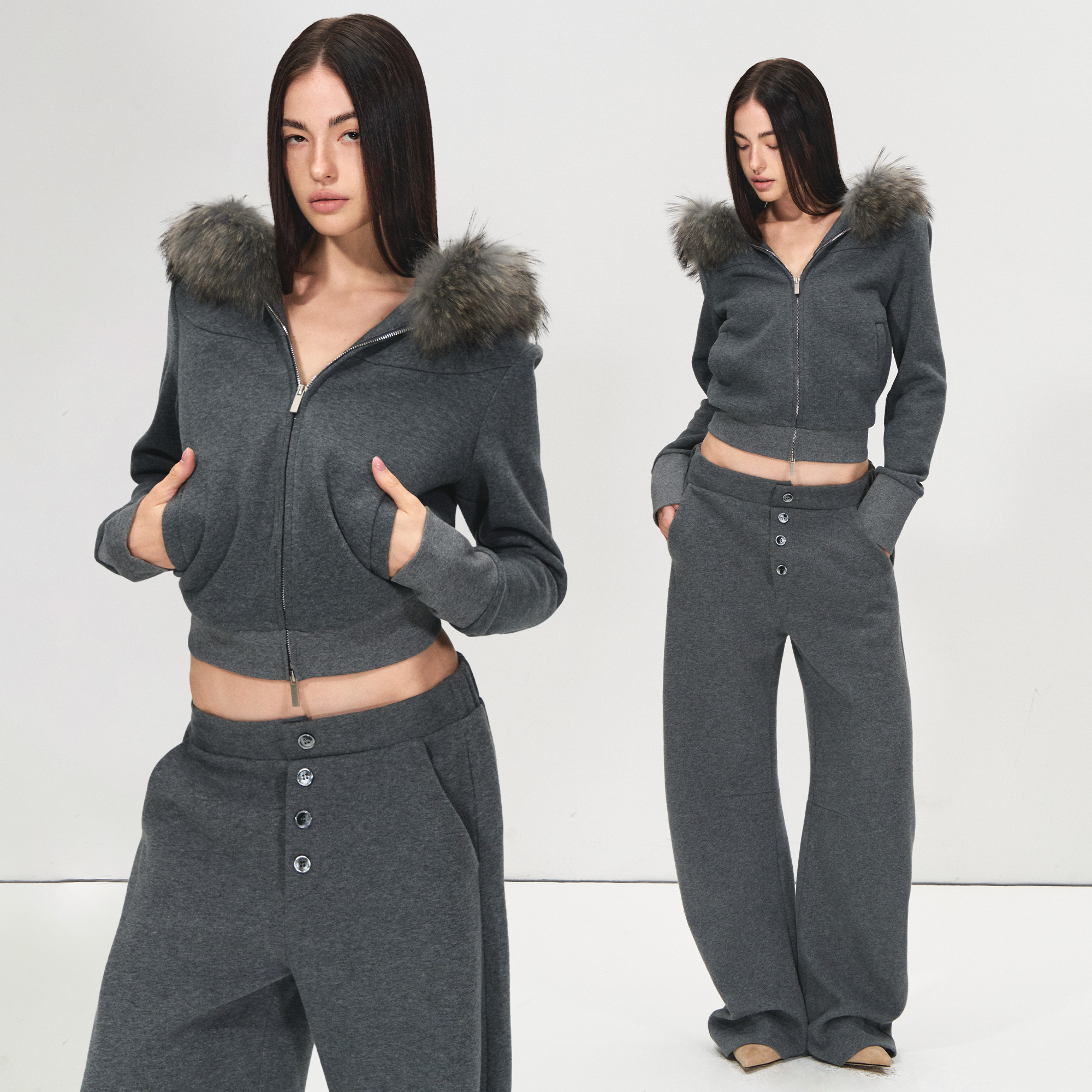 PRRP 可拆卸真毛领加绒连帽卫衣外套 休闲宽松弯刀裤型卫裤套装