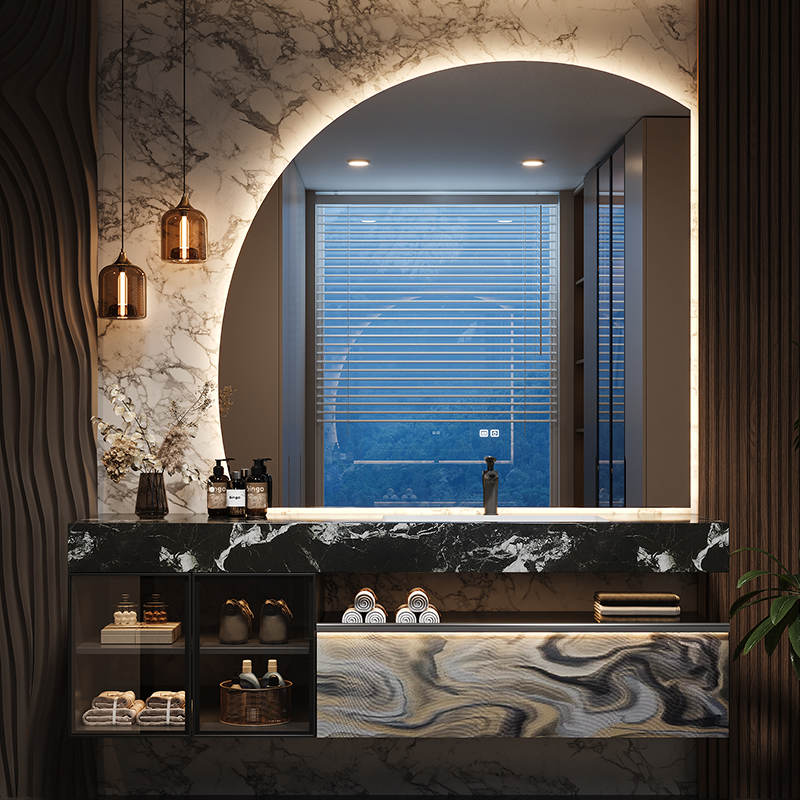 轻奢酒店风浴室柜岩板无缝陶瓷盆组合卫生间智能洗漱台洗手洗脸盆