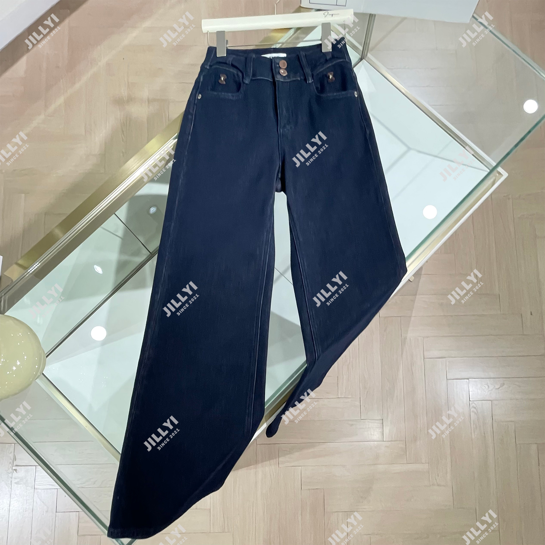 jillyi【挪威深蓝】深蓝色韩版中腰时尚百搭休闲牛仔长裤