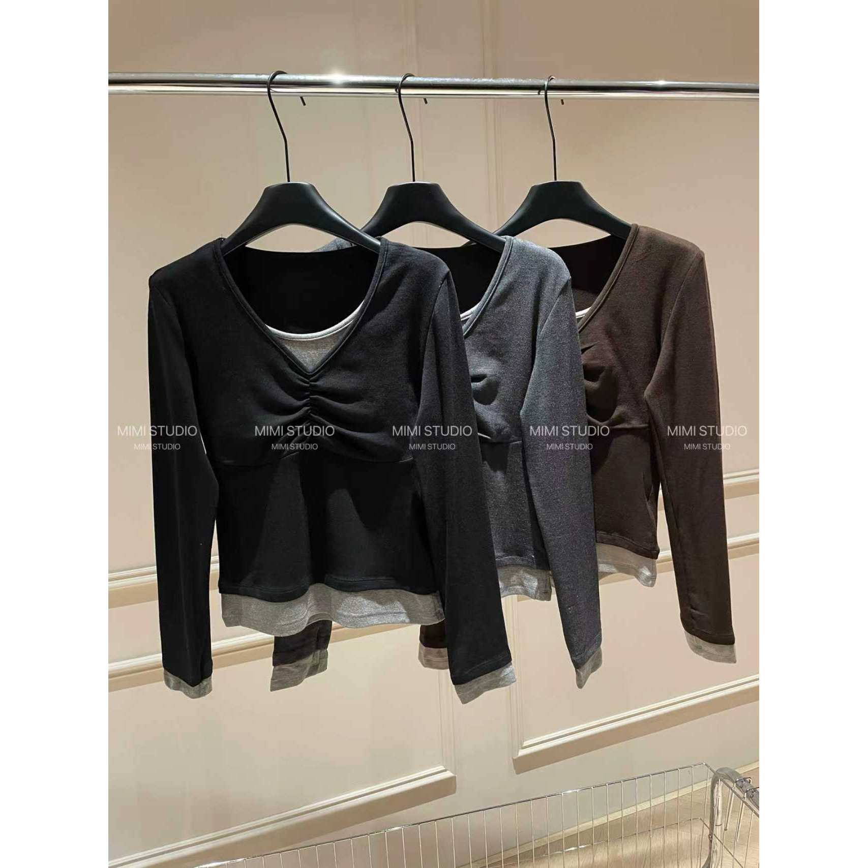 2025新款长袖 褶皱拼接假两件女长袖修身显瘦百搭上衣5957#