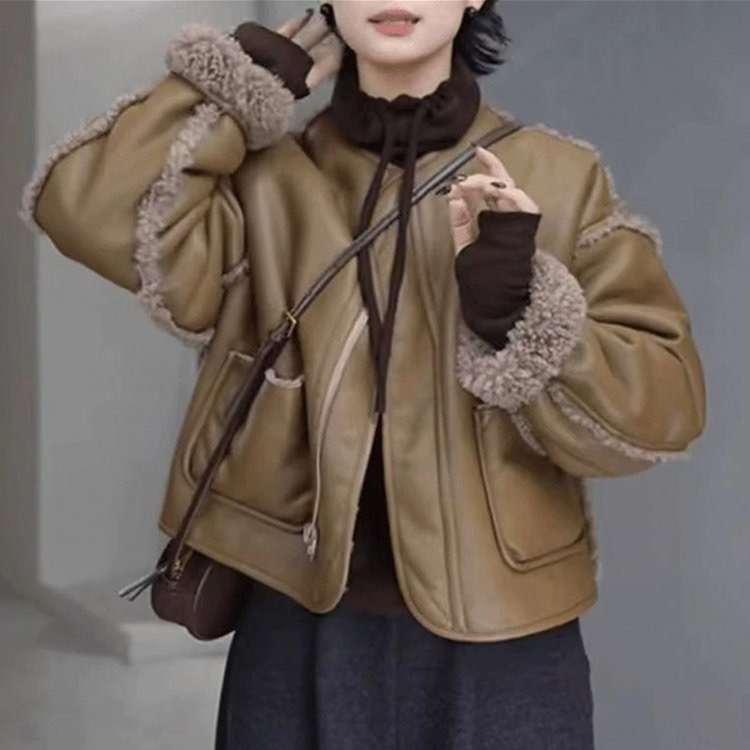 皮毛一体气质羊羔圆领外套冬季加厚宽松两面新款夹克短款机车上衣