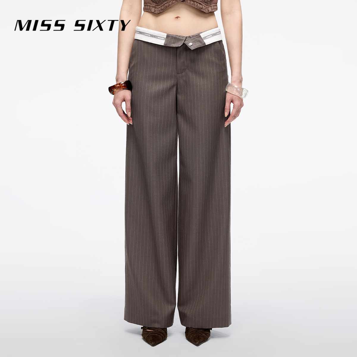 Miss Sixty2025秋季新款直筒裤女羊毛精纺条纹简约高级通勤西装裤