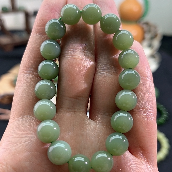 和田玉颈饰未镶嵌碧玉-粉青-10mm手串