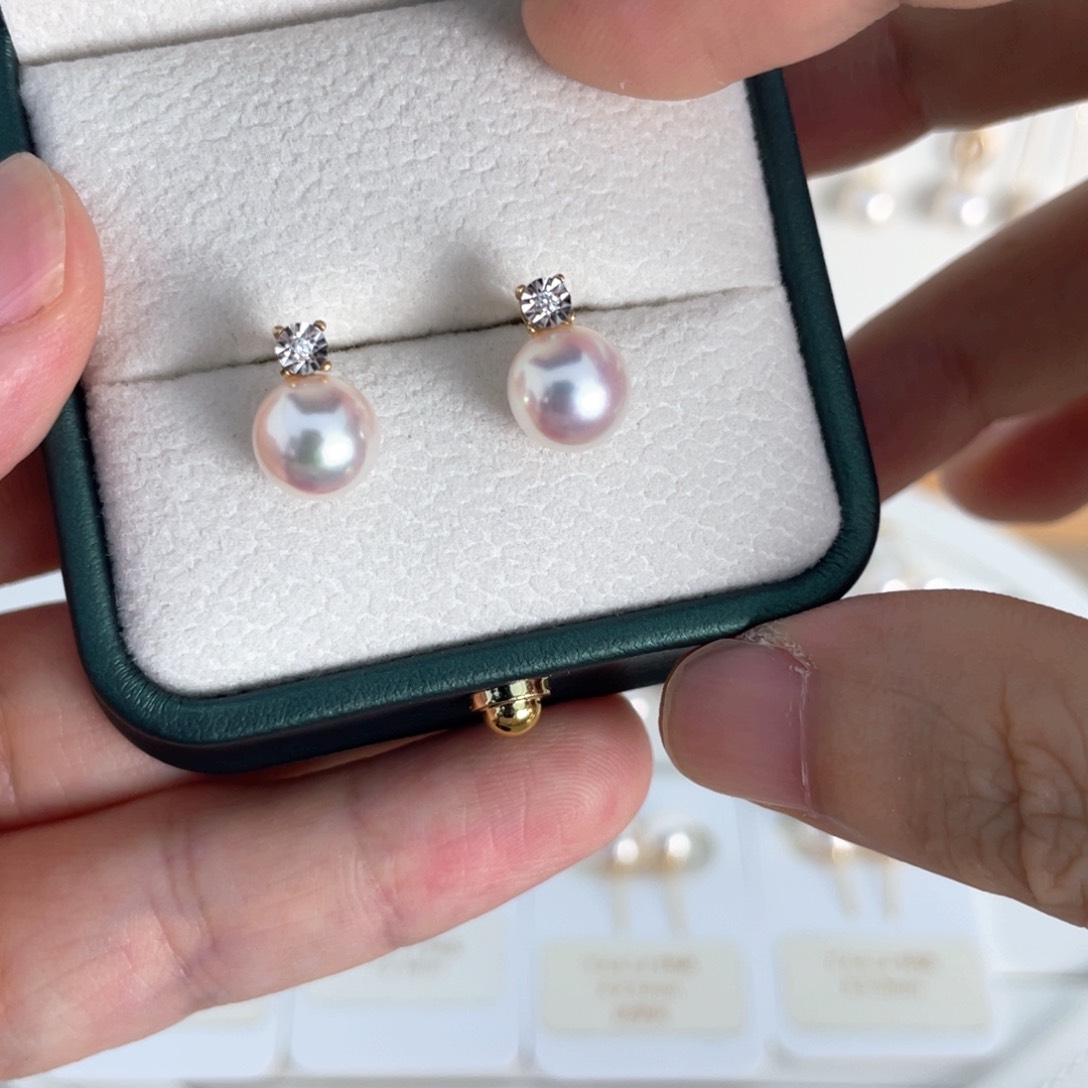 18K金镶嵌海水珍珠耳饰7.5-8戴妃吊坠