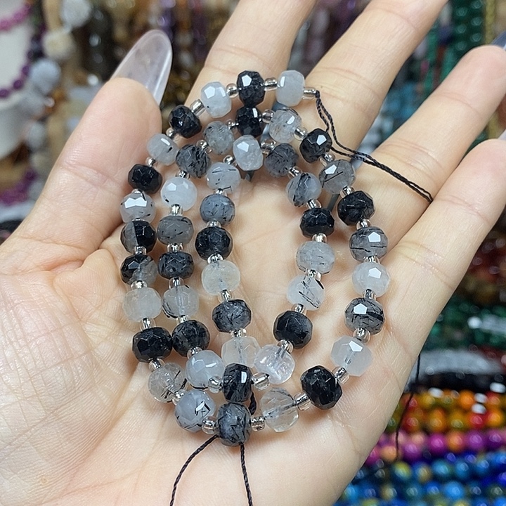 玛瑙/玉髓未镶嵌珠宝半成品天然黑发晶切面车轮卡7.6mm
