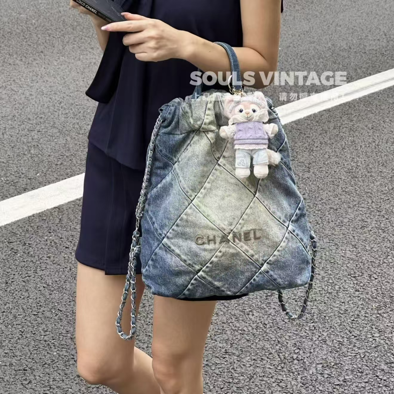95新 Chanel/香奈儿  淡蓝色 丹宁 22bag双肩小号/688438582