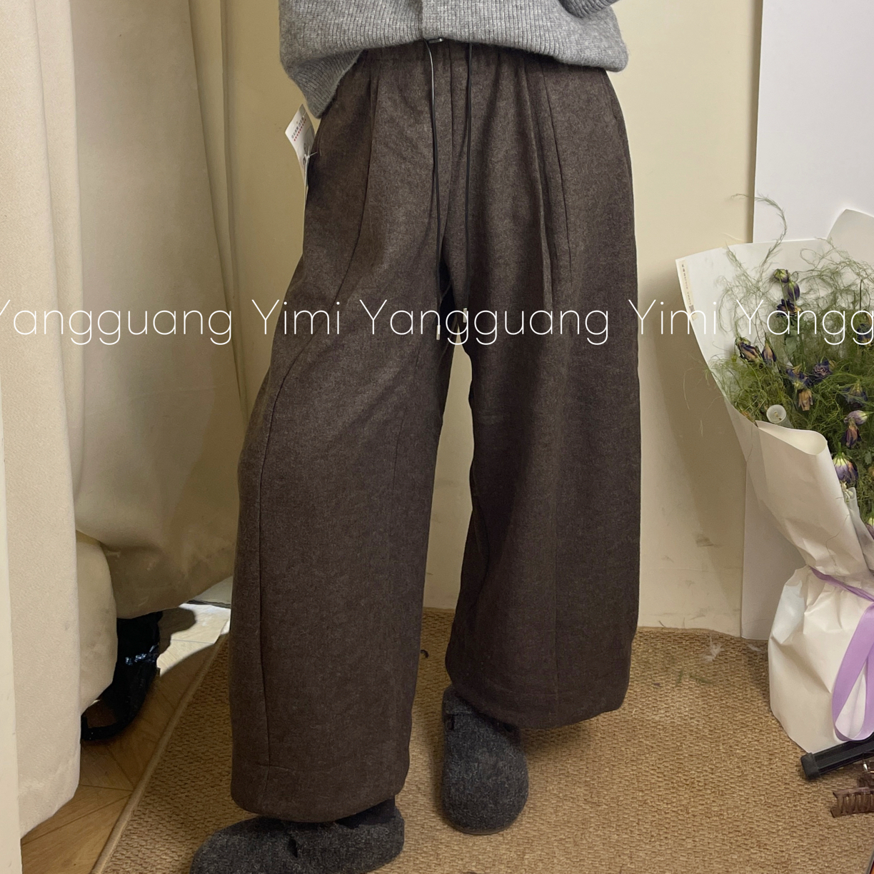 『衣米阳光』定制款毛呢阔腿裤加绒加厚松紧腰显瘦百搭