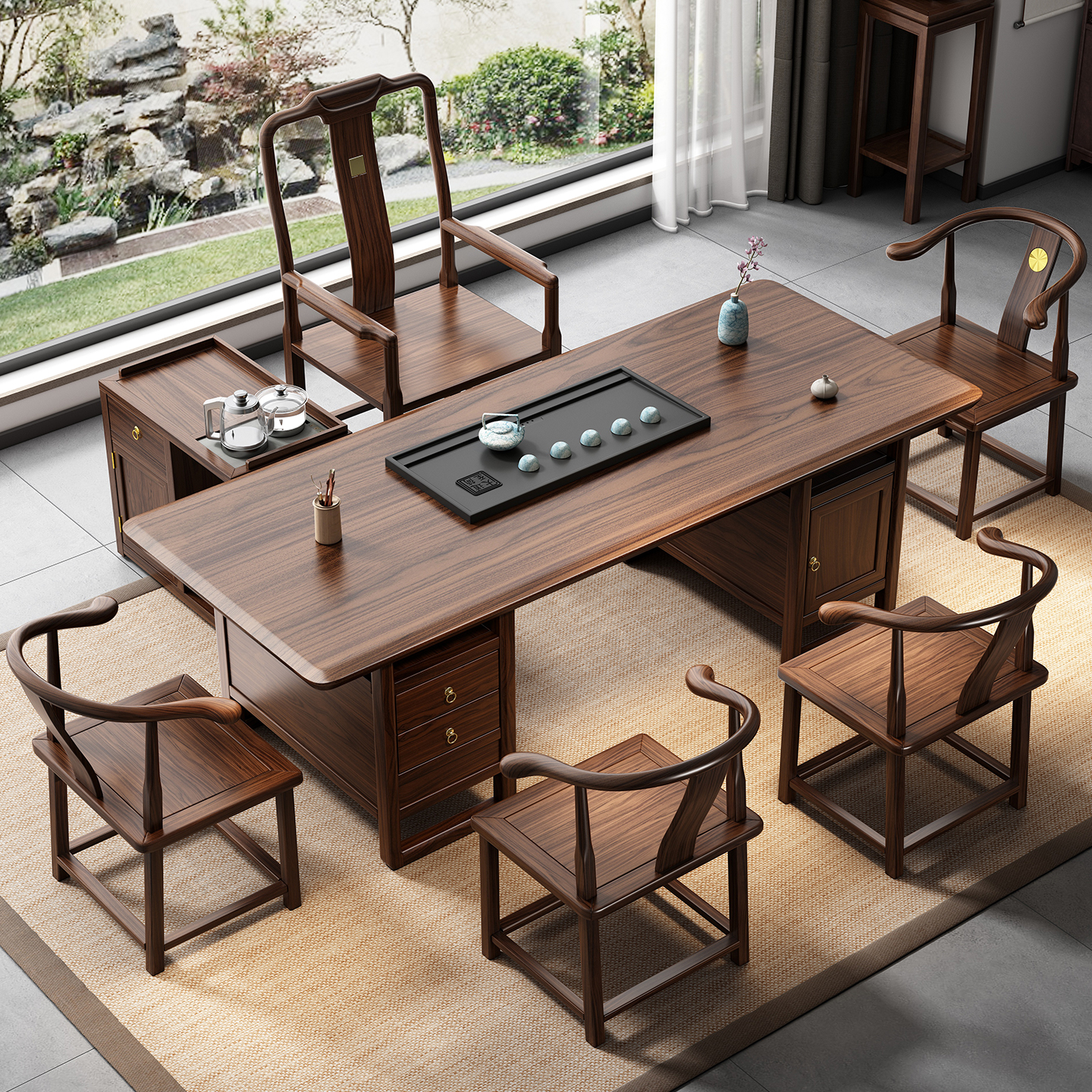 乌金木茶桌椅组合新中式实木大板茶台客厅家用一桌五椅功夫泡茶台